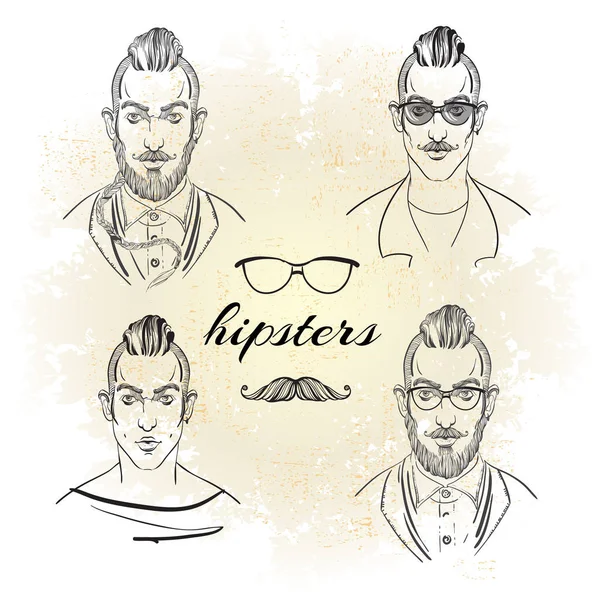 Ritratti di hipster trendy disegnati a mano. Stile hipster. Sketch set alla moda. Illustrazione vettoriale . — Vettoriale Stock
