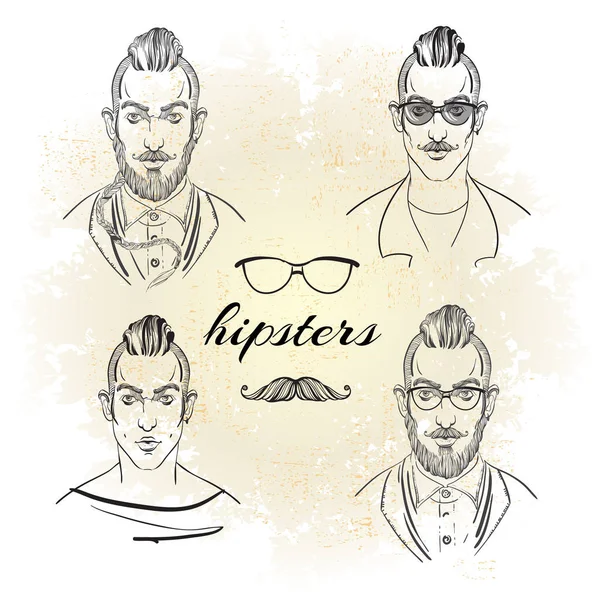 최신 유행 손 hipster 초상화를 그려. Hipster 스타일입니다. 최신 유행 세트를 스케치 합니다. 벡터 일러스트 레이 션. — 스톡 벡터