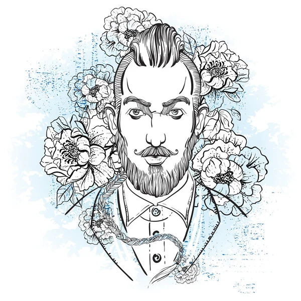 Retrato de moda elegante barbudo homem. Hight ilustração detalhada do vetor da moda. Estilo Boho. Peônia flor fundo . — Vetor de Stock