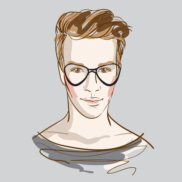 Doodle gözlüklü çekici genç erkek. Vektör çizim üzerinde beyaz izole. Trendy Moda illüstrasyon.