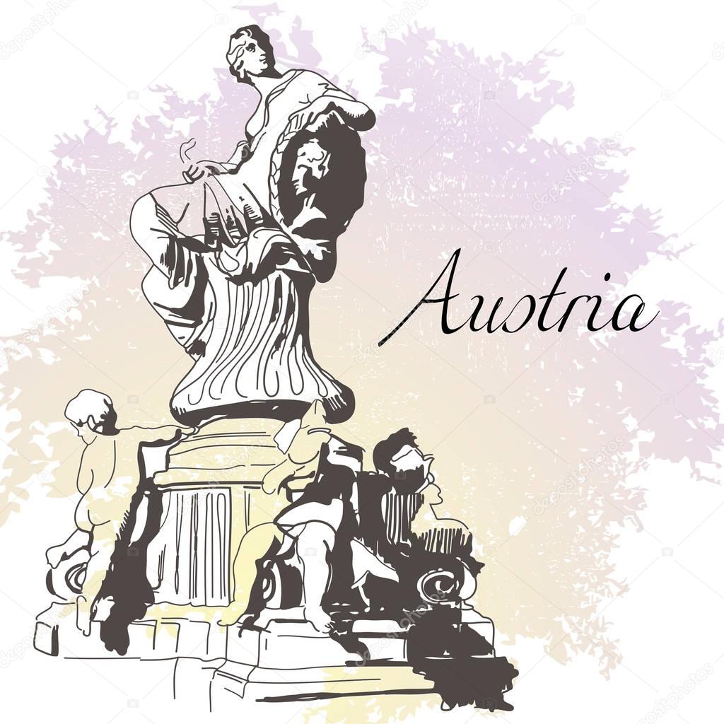 Vector Hand Drawn Illustration. Austria, Vienna, Dunnerbrunnen Fountain. Historical Antique Symbol For Your Design.