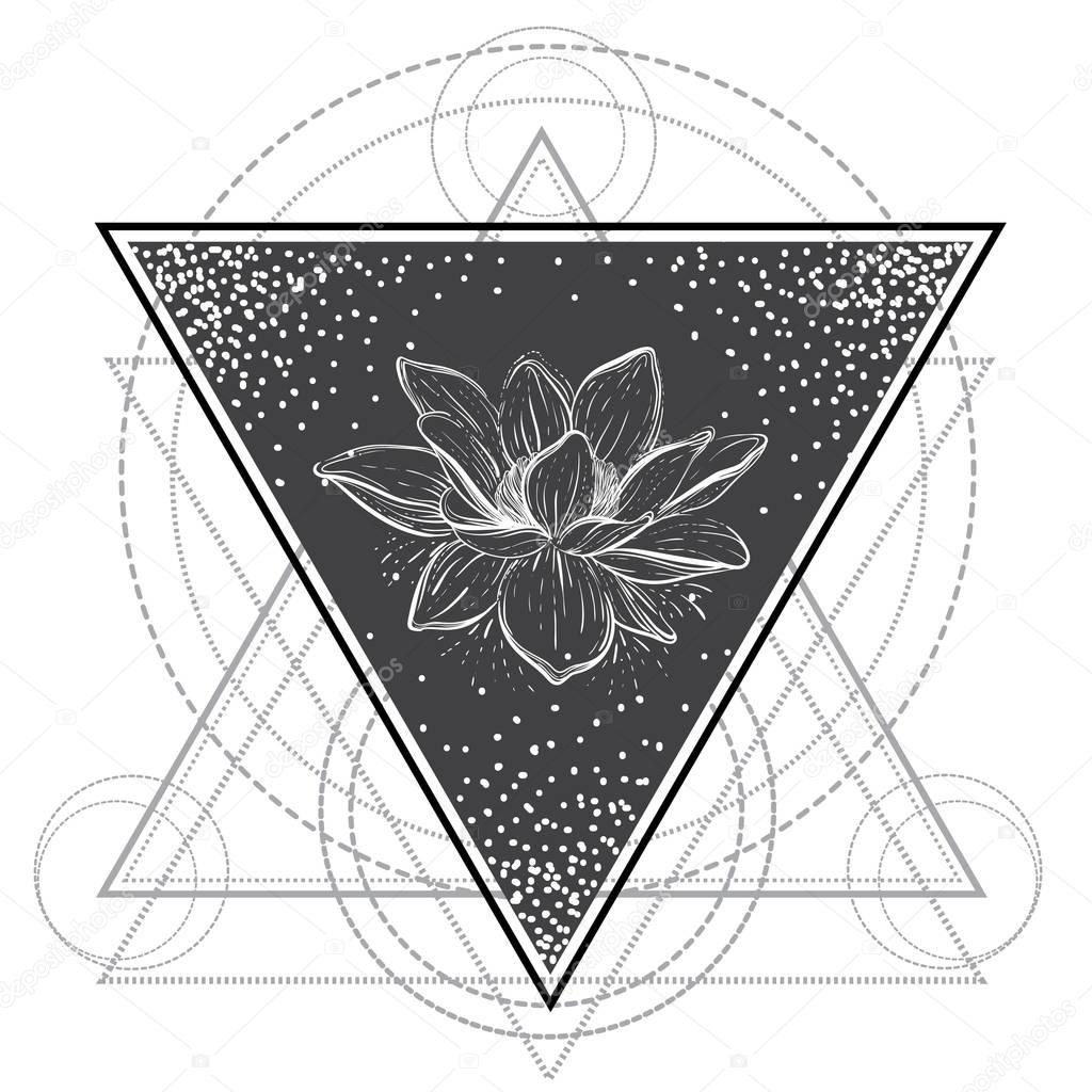 Lotus flower . Sacred geometry. Blackwork tattoo flash. Vector illustration isolated on white. Print, posters, tattoo design, t-shirts and textiles.