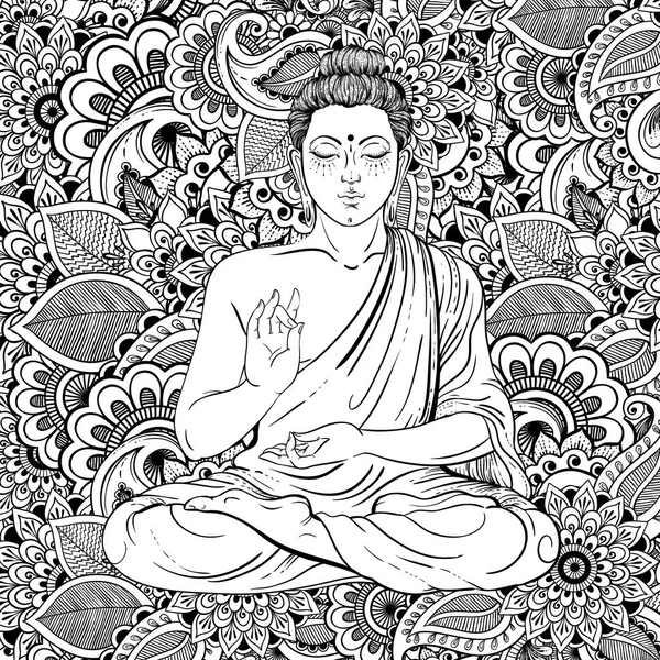 Boeddha zittend over sierlijke zentangle patroon. Vectorillustratie. Hand getekende achtergrondstijl zentangle geïnspireerd. Tattoo, yoga, meditatie. Kleurende boek pagina's voor volwassenen — Stockvector