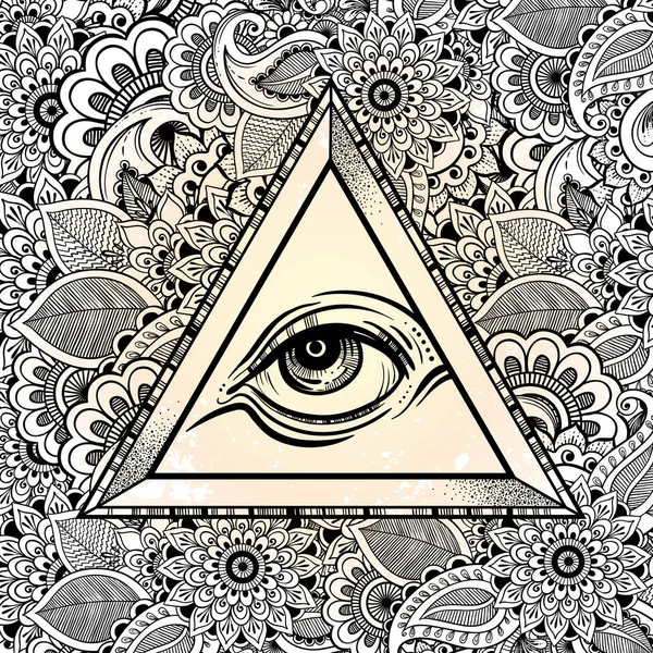 Alle sehenden Auge Pyramide Symbol. Handgezeichnetes Auge der Vorsehung. Alchemie, Religion, Spiritualität, Tätowierkunst. isolierte Vektorillustration. zentangle Stil floralen Hintergrund. — Stockvektor