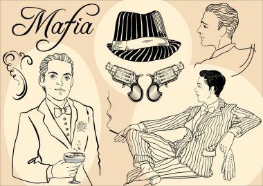 Retro men`s set: sketch style mafia and gangsters of twenties, Vector art clipart