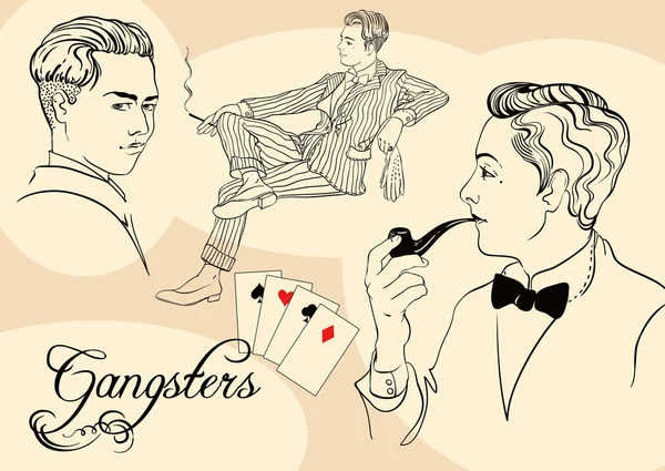 Conjunto de homens retro: mafia estilo esboço e gangsters dos anos 20, arte vetorial — Vetor de Stock