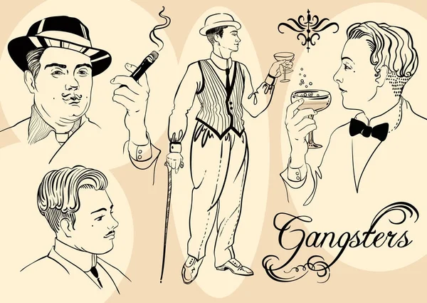 Retro Erkekler erkekler kümesinden: Stil mafya ve gangsters yirmili kroki, vektör çizim