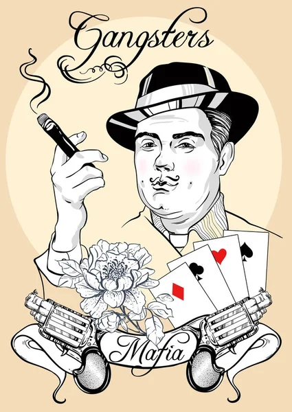 Conjunto de homens retro: vetor vintage ilustração com gangster, revólveres de arma, cartas de poker e flor . — Vetor de Stock