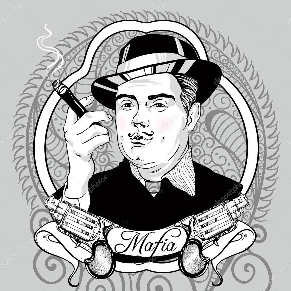 Retro men`s set: vector vintage illustration with gangster and gun revolvers