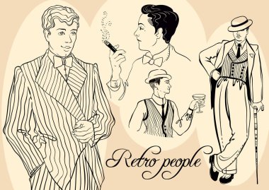Retro Erkekler erkekler kümesinden: tarzı Retro insanlar yirmili kroki, vektör çizim