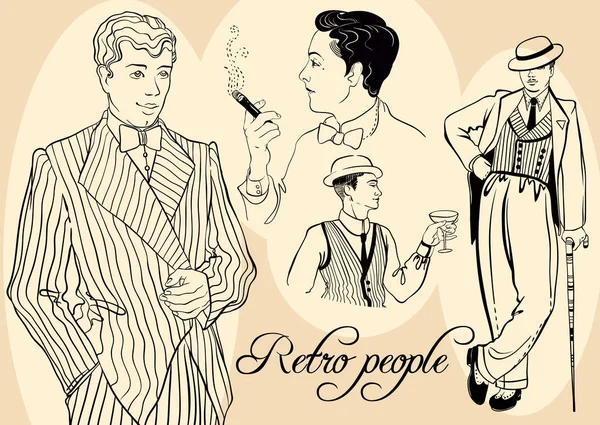 Retro Erkekler erkekler kümesinden: tarzı Retro insanlar yirmili kroki, vektör çizim