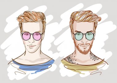 Renk gözlük yakışıklı moda erkek. Hipsters. Vektör doodle illüstrasyon izole beyaz.