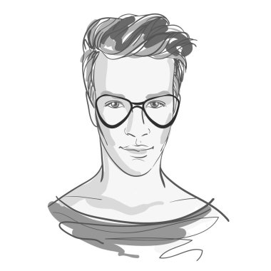 Yakışıklı moda erkek portre gözlüklü. Gri renkli resimde. Vektör sanat üzerine beyaz izole doodle.
