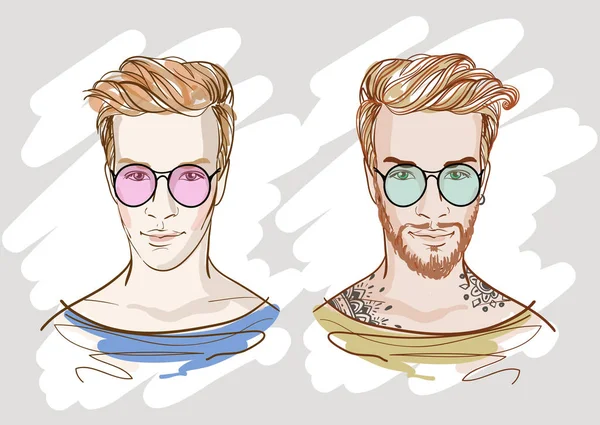 Renk gözlük yakışıklı moda erkek. Hipsters. Vektör doodle illüstrasyon izole beyaz. — Stok Vektör