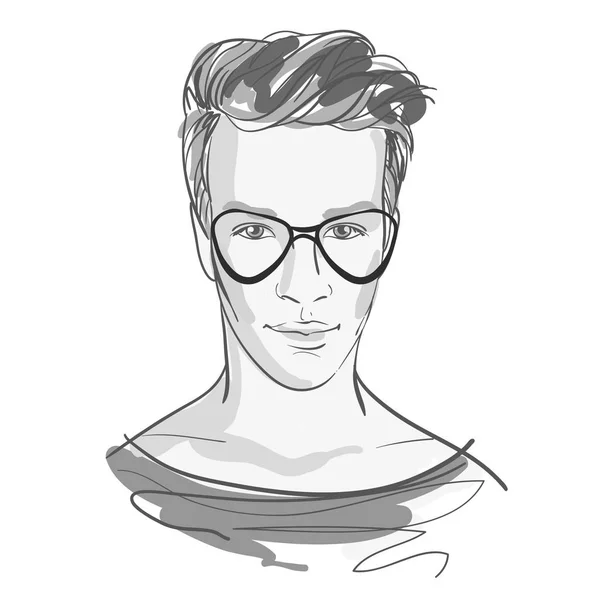 Knappe mode mannen portret met bril. Grijs gekleurde illustratie. Vector doodle kunst geïsoleerd op wit. — Stockvector