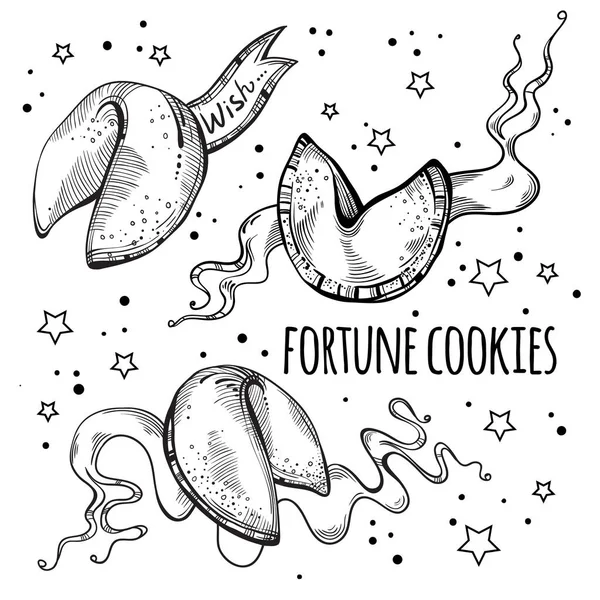 Chinese fortune cookies set. Hand-drawn black and white vector illustration isolated. — Stock Vector