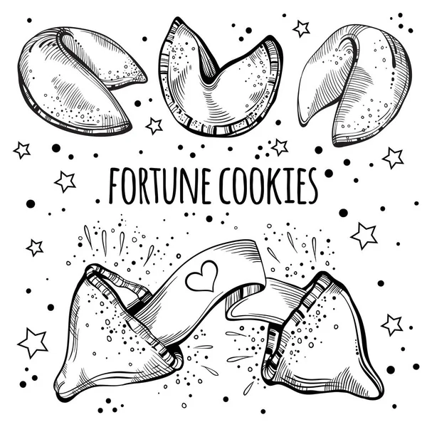 Biscotti cinesi della fortuna impostati. Illustrazione vettoriale in bianco e nero disegnata a mano isolata . — Vettoriale Stock
