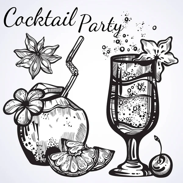 Cocktail festa vetor ilustração. Estilo linear alimentos gráficos e elementos de bebida isolados. Humor tropical. Modelo de menu perfeito para bares, café, restaurantes, festas . —  Vetores de Stock