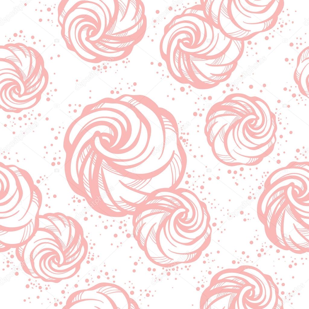 Delicate hand-drawn marshmallow seamless pattern in soft pink color. High-detailed vector artwork isolated. Sweet delights. Perfect template for packaging food industry design.