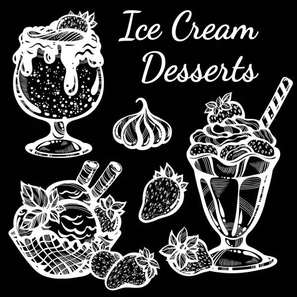 Прекрасная коллекция десертов с мороженым. Векторные графические иконки, элементы контура винтажной пищи изолированы. Идеальный шаблон меню. Печать, плакат, текстиль, раскраска для взрослых . — стоковый вектор