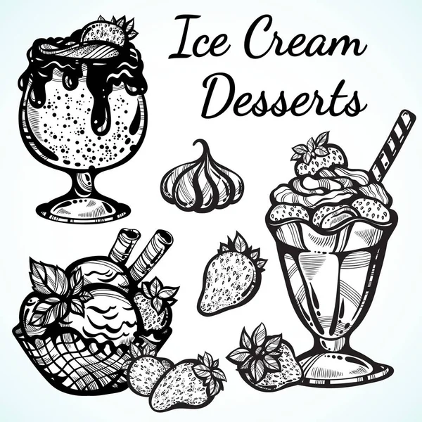 Dibujado a mano hermosa colección de postres de helado. Iconos gráficos vectoriales, elementos de contorno de alimentos vintage aislados. Plantilla de menú perfecta. Imprimir, cartel, textil, colorear página del libro para adultos . — Vector de stock