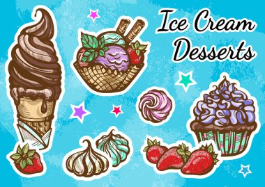 Çizilmiş güzel dondurma tatlı Icon set. Retro tarzı sanat, yalıtılmış bağbozumu besin öğeleri. Mükemmel menü şablonu. Baskı, poster, tekstil, etiket, t-shirtler.
