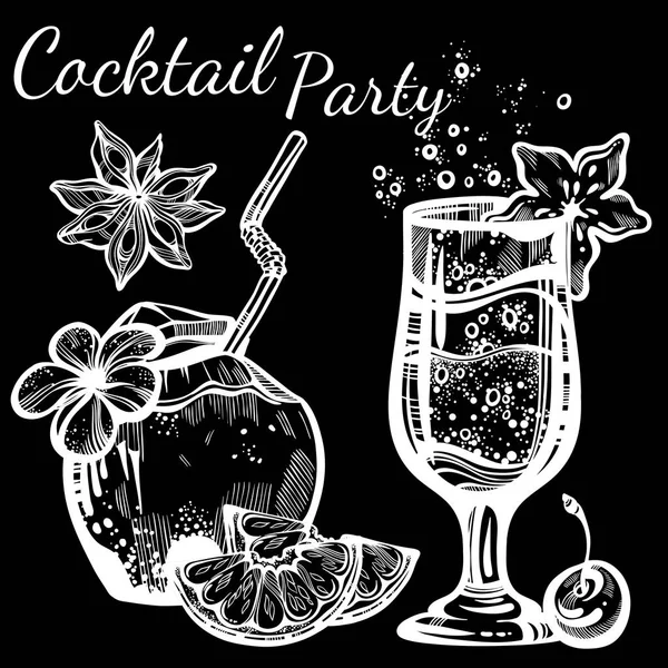 Cocktail Party Vektor Illustration. Grafische Elemente für Essen und Trinken im linearen Stil isoliert. Tropische Stimmung. perfekte Menüvorlage für Bars, Cafés, Restaurants, Partys. — Stockvektor