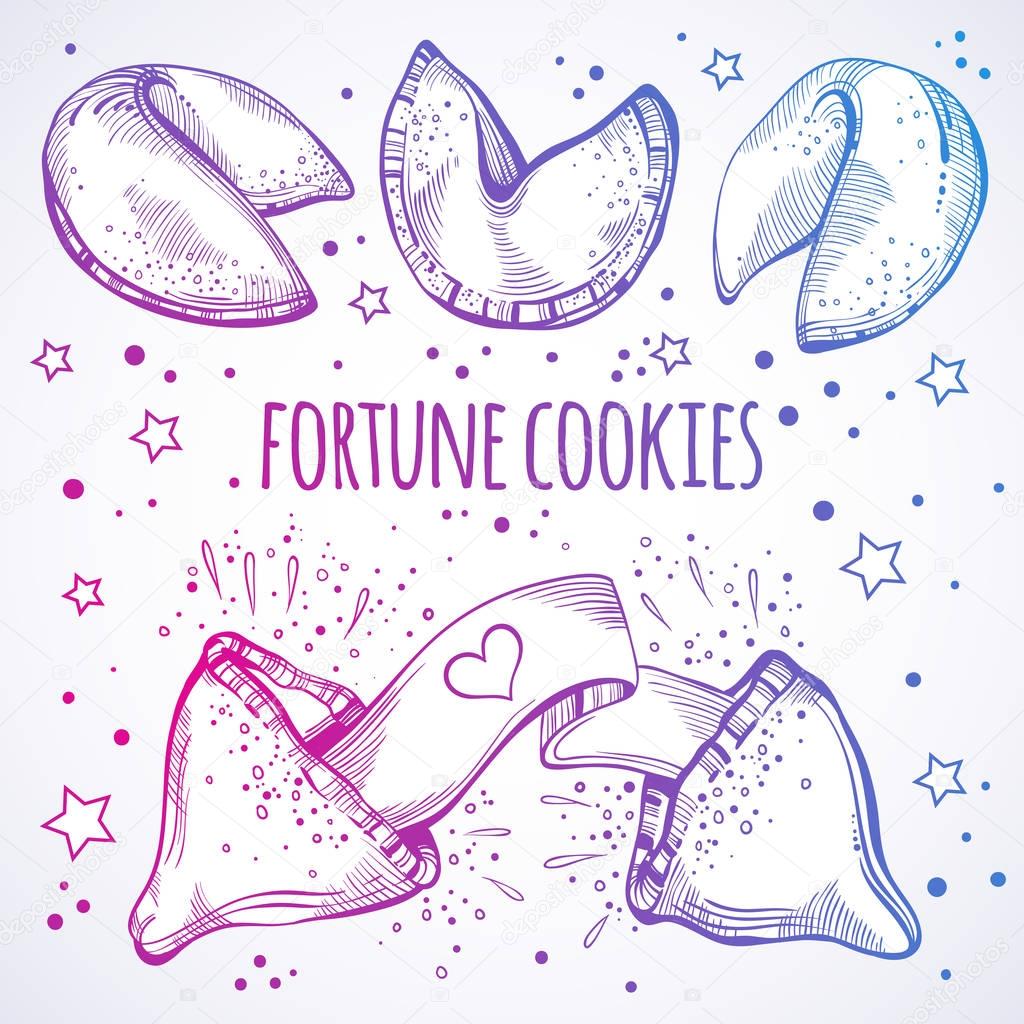 Chinese fortune cookies set. Hand-drawn linear style vector food elements isolated. Print, poster, menu template.