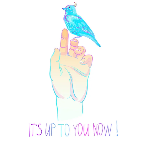 Lidská dlaň s neon modrý pták. motivující ilustrace. Koncept svobody. Realistické vektorové ilustrace v jasných neonových barvách izolované na bílém. Je to na vás teď — Stockový vektor
