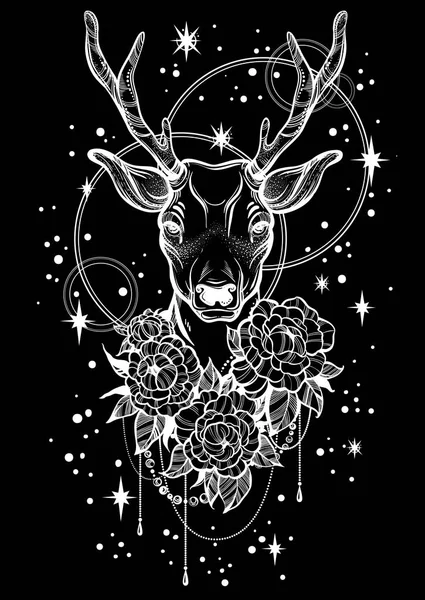 鹿と牡丹の花、夜空の背景上でトレンディなベクトルの手描きイラスト。入れ墨の芸術。ベクトルアートワークの直線的なスタイルは分離されました。Bohema、錬金術、占星術、プリント、ポスター、t シャツ. — ストックベクタ