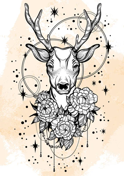 Hand-drawn trendy vector illustration with deer and peony flowers over the stars. Tattoo art. Vector linear style artwork isolated. Outer space, alchemy, astrology, print, posters, t-shirts. — Stock Vector