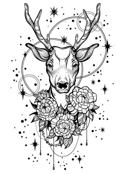 Hand-drawn trendy vector illustration with deer and peony flowers over the stars. Tattoo art. Vector linear style artwork isolated. Outer space, alchemy, astrology, print, posters, t-shirts.
