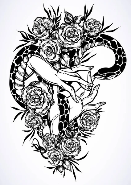 Рука намальована Векторна ілюстрація з жіночими руками, що тримають змію серед троянд. Прекрасно деталізовані твори мистецтва. Наслідки мистецтва. Елемент татуювання, темна романтика, стиль бохо. Ідеальний дизайн для друку, т-сервери . — стоковий вектор