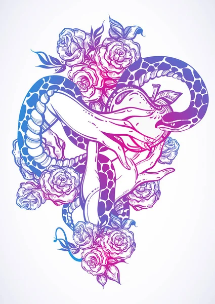 Eva'nın elle yasak meyve ve yılan. Güzel gül çevrede. İzole çizilmiş vektör çizimleri. Öğe Eve İncille hikayesi. Dövme sanatı, baskı, poster, tekstil. Vintage, boho, romantizm.