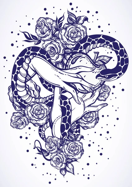 Eve's hands with forbidden fruit and snake. Beautiful roses around. Hand-drawn vector artwork isolated. Element of a Biblical story of Eve. Tattoo art, print, poster, textile. Vintage, boho, romance. — Stock Vector