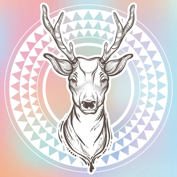 Vector trendy illustration with sketch style deer and ethnic round pattern around. Tribal artwork. Tattoo, astrology, alchemy, magic, travel, nature symbol background. Print, poster, textile. — Stock Vector