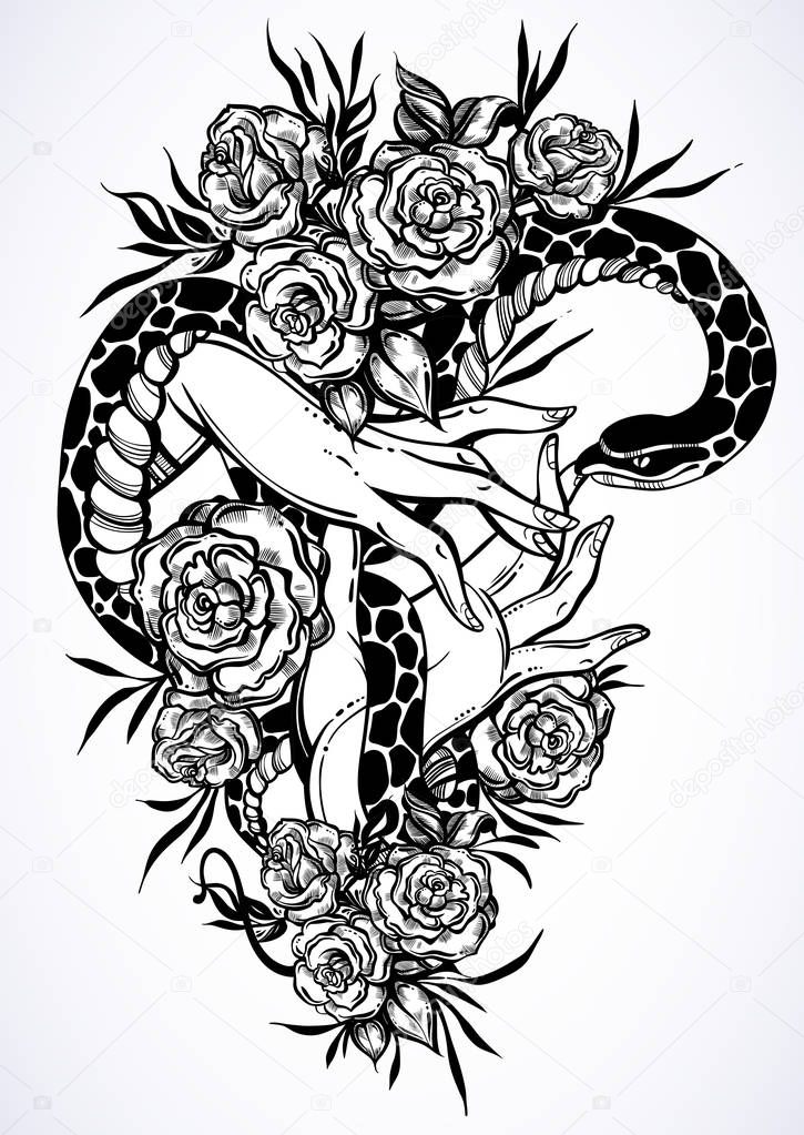 Hand drawn vector illustration with woman's hands holding a snake among roses. Beautifully detailed artwork. Consept art. Tattoo element, dark romance, boho style. Perfect design for prints, t-sirts.