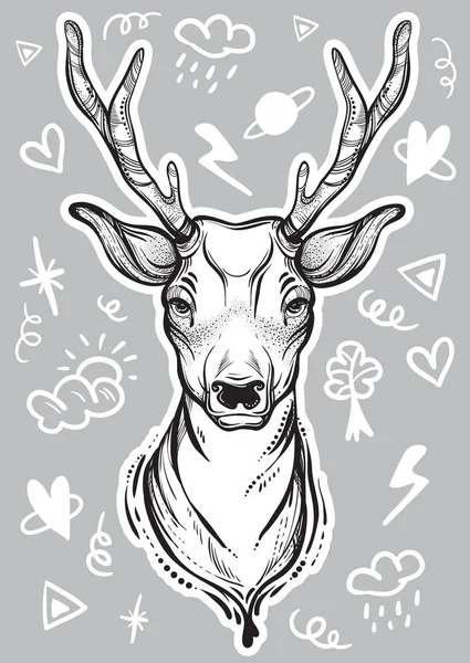 Vector trendy illustration with sketch style deer and doodle signs around. Concept art. Tattoo, astrology, alchemy, magic, travel, space and nature symbol background. Print, poster, textile. — Stock Vector