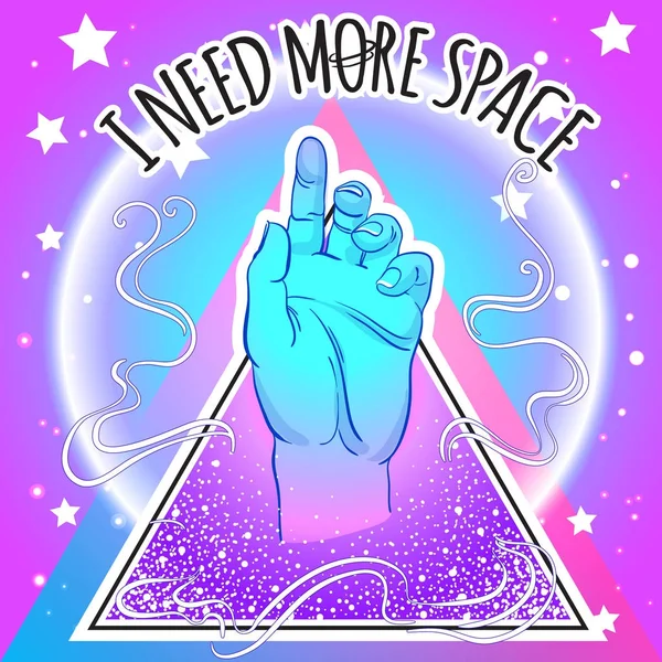 Menselijke hand wijzen op iets binnen piramide symbool. Ik heb nodig meer ruimte. Trendy Galaxy vector kunst. Inkt handgetekende illustratie. Tatoeage, sticker, patch, posterontwerp. — Stockvector