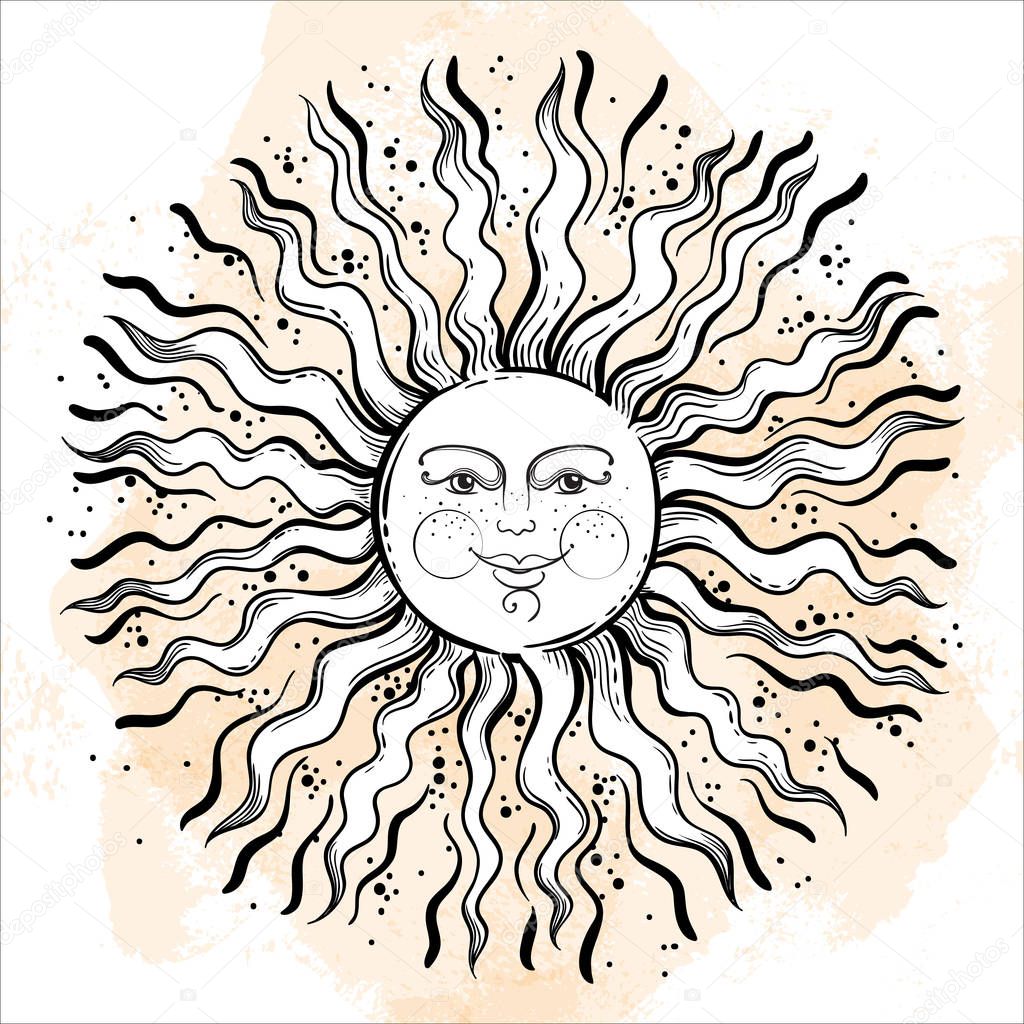 Vintage russian style sun. Medieval ornamental solar symbol. Vector hand-drawn ethnic illustration. Astrology, astronomy and mystic art.
