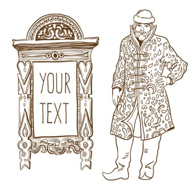 Russian folk motifs: Hand-drawn man in national costume and wood carved window frame. Russian style design. Culture, way of life, traditions. Vector illustration. clipart