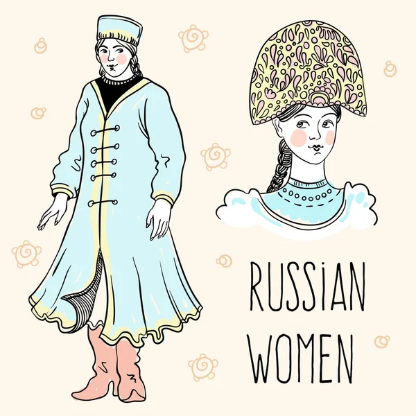 Portraits de filles russes dessinés à la main. Design de style russe. Culture, mode de vie, traditions. Art vectoriel . — Image vectorielle