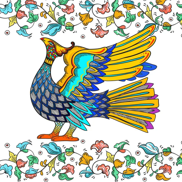 Ruské tradiční dekorativní ptačí symbol s florálním ornamentem kolem. Krásná ručně kreslené ilustrace izolované. Ruský styl designu a národní motivy. — Stockový vektor