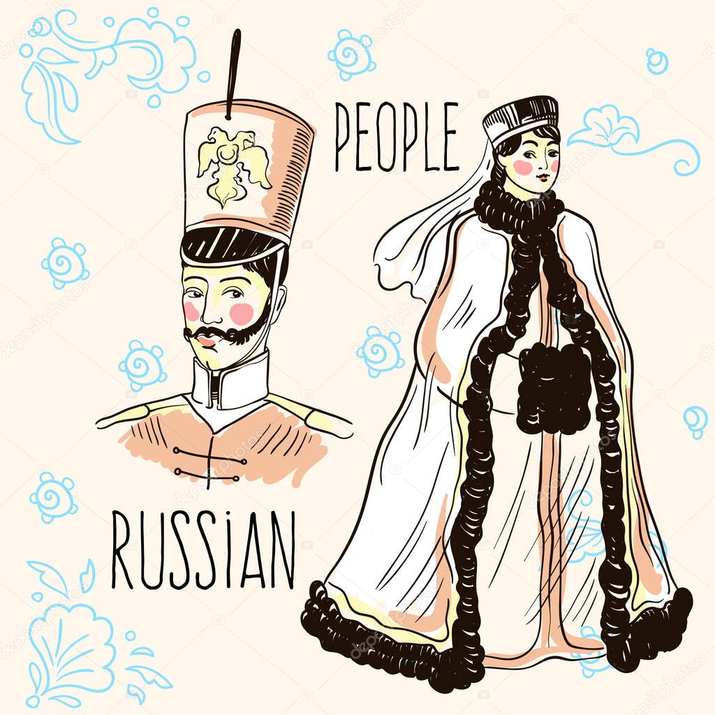 Hand-drawn russian national type of people. Russian style design. Culture, way of life, traditions. Vector illustration.