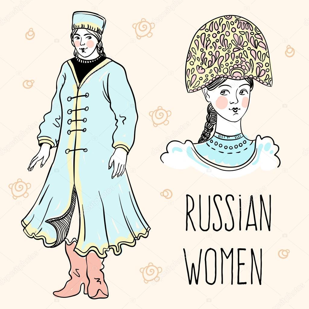 Hand-drawn pretty russian girl portraits. Russian style design. Culture, way of life, traditions. Vector art.