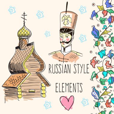 El vektör Rus adam, kulübe ve Dekoratif süsleme kabataslak. Rus koleksiyonu. Tüm görüntüleri izole. Kültür, yaşam, gelenekleri. Rus tarzı illüstrasyon.