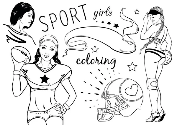 Sport Malbuch für Kinder und Erwachsene. sexy Mädchen, die eine andere Sportart repräsentieren. schwarze Umrisse isoliert auf weiß. — Stockvektor