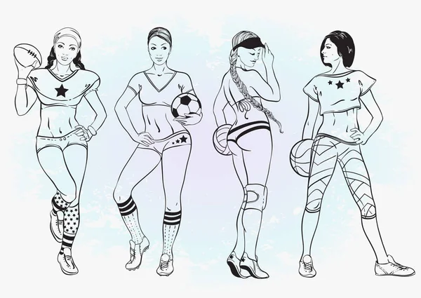 Sportovní omalovánky pro děti i dospělé. Sexy holky, představující jiný druh sportu. Černé obrysy izolované na bílém. — Stockový vektor