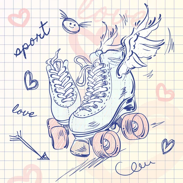 Buz pateni için silindirler. Vektör okul kroki tarzı çizim. Spor. Kızlar. Aşk.