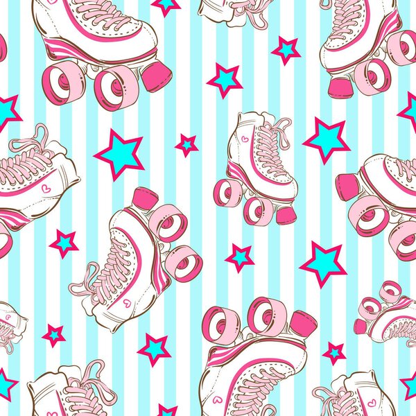 Vector seamless pattern with cute retro roller skates on blue striped background with stars